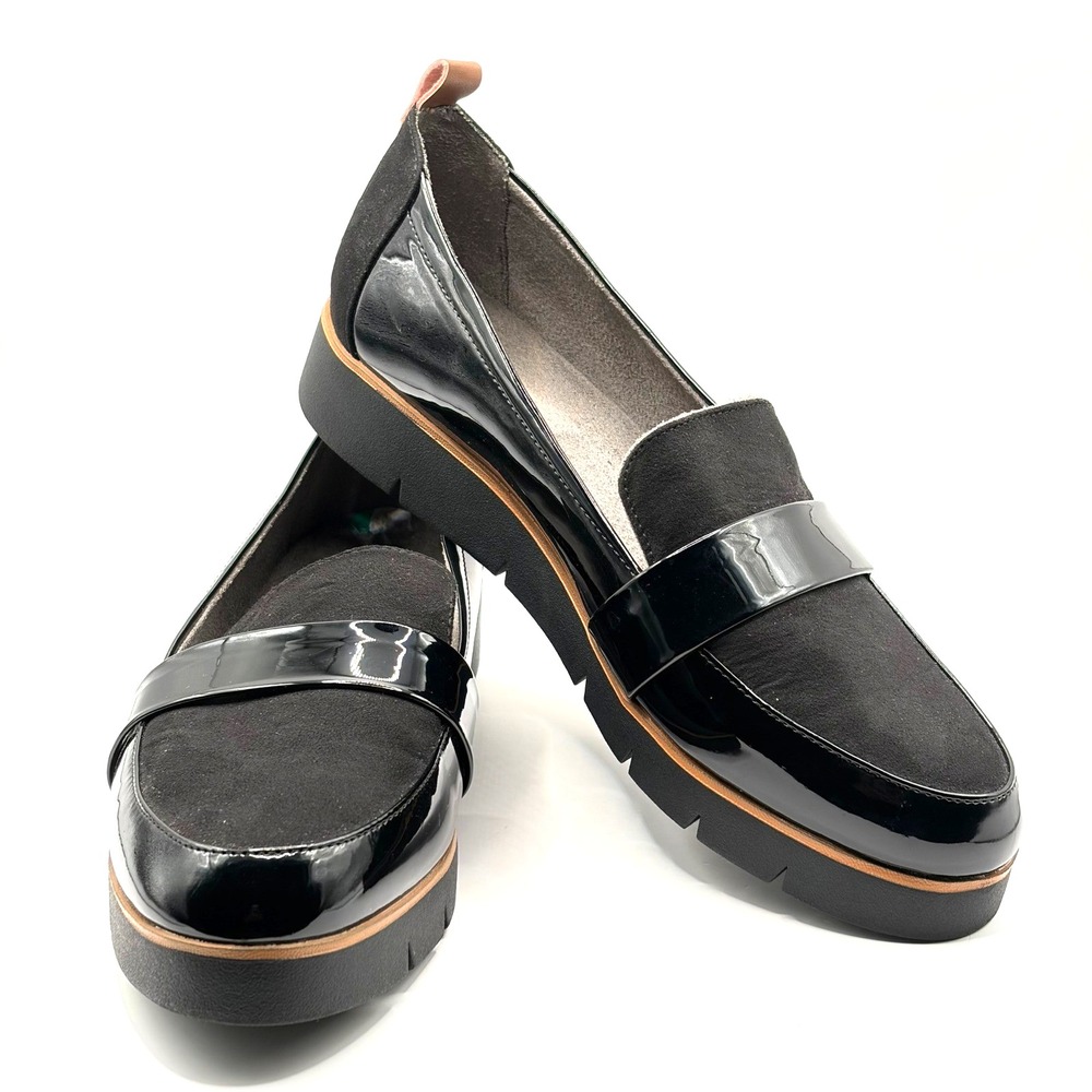 Dr Scholls Watson Womens 8M Black Patent Suede Platform Loafers Lug Sole Shoes